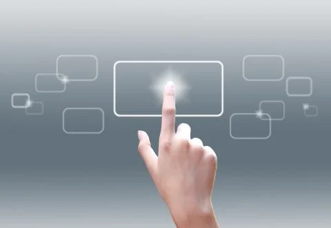 Hand pushing on a touch screen interface Stock Photos