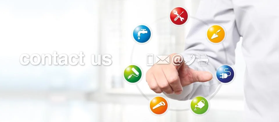 Hand pushing on a touch screen interface handyman symbol icon, contact us web Foto stock