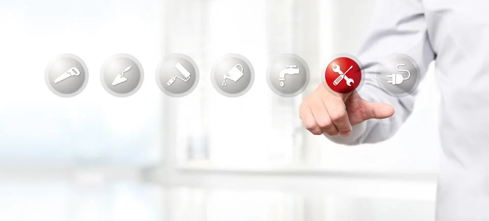 Hand pushing on a touch screen interface repair symbol icon, web banner Stock Photos