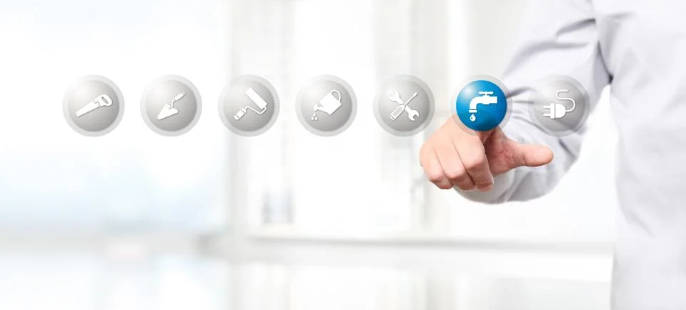 Hand pushing on a touch screen interface plumber symbol icon, web banner Foto stock