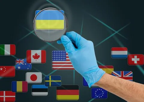 Hand pushing on a touch screen interface, choosing Ukraine. flags of the world 스톡 사진