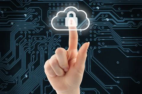 Hand pushing virtual cloud security button. 스톡 사진