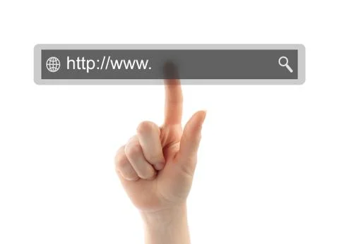 Hand pushing virtual search bar Ilustración de archivo