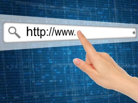 Hand pushing virtual search bar. Ilustración de archivo