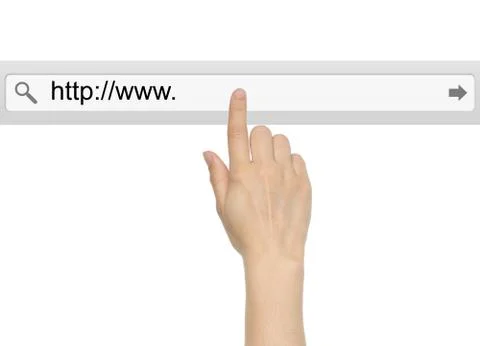 Hand pushing virtual search bar Stock Photos