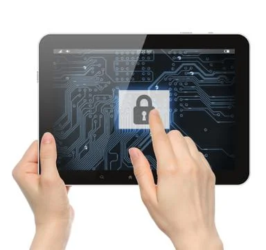 Hand pushing virtual security button on digital background of tablet pc . Stock Illustration