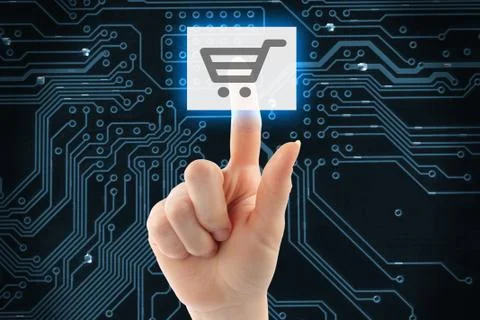 Hand pushing virtual shopping button. Stock Photos