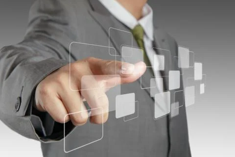 Hand pushing on a virtual touch screen interface Stock Illustration