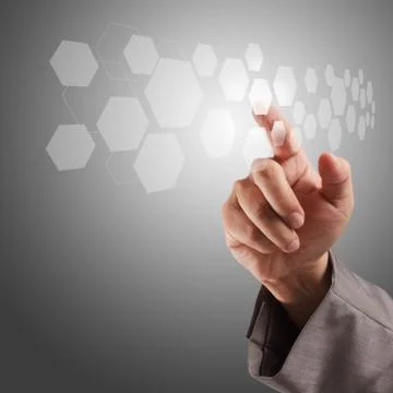 Hand pushing on a virtual touch screen interface Stock Illustration