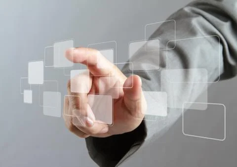 Hand pushing on a virtual touch screen interface Stock Illustration