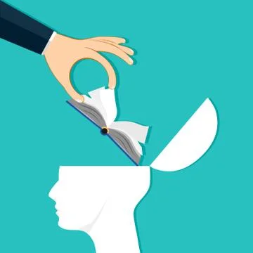 The hand put the book into the human head. The idea of ??putting knowledge to Stock Illustration