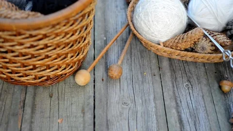 Hand put knitting work on basket and ball on desk. Video stock 118254857