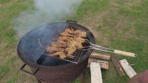 Hand Put The Meat On The Grill, Barbecue Charcoal Stock Footage 80183532