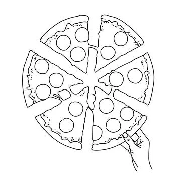A hand put one from six slice of delicious pizza. Junk food restaurant menu Colo Stock Illustration
