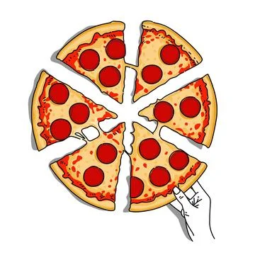 A hand put one from six slice of delicious pizza. Junk food restaurant menu  Stock Illustration
