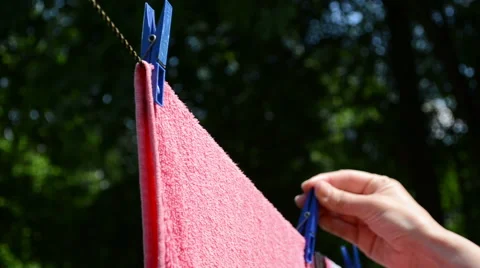 Hand put pins clips on drying laundry hang on clothesline Stock Footage 40731329