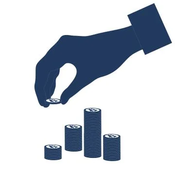 Hand that puts bitcoin in a stack of bitcoins. Stock Illustration