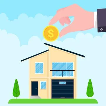 Hand puts coin in the house flat style design vector illustration. Stock Illustration