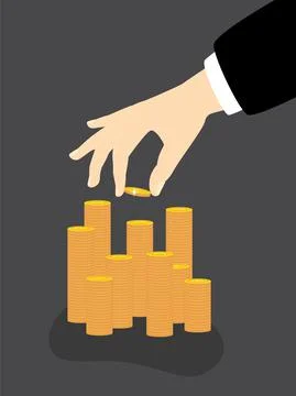 Hand puts coin on a stack of gold coins. Flat. Isolated Stock Illustration