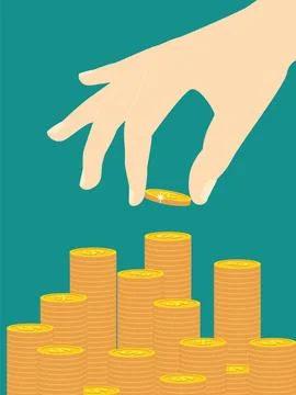 Hand puts coin on a stack of gold coins. Flat. Isolated Stock Illustration
