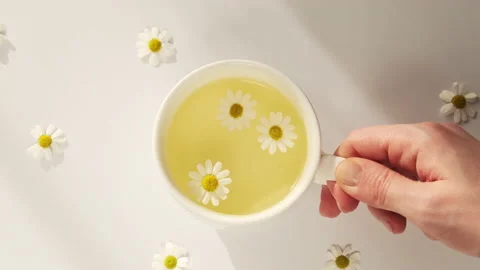 Hand puts a cup of chamomile tea on a white background Stock Footage 175931600