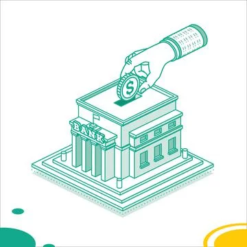 Hand Puts a Dollar Coin Inside of the Bank Building. Isometric Saving Money C Ilustración de archivo