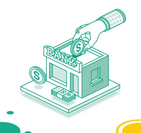 Hand Puts a Dollar Coin Inside of the Bank Building. Isometric Saving Money C Ilustración de archivo