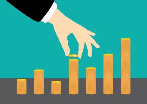 Hand puts gold coin on a stack. Income, profits. Flat, isolated, vector Illustrazione stock