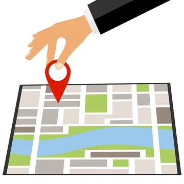 The hand puts a mark on map. Put a mark on the map. 스톡 일러스트