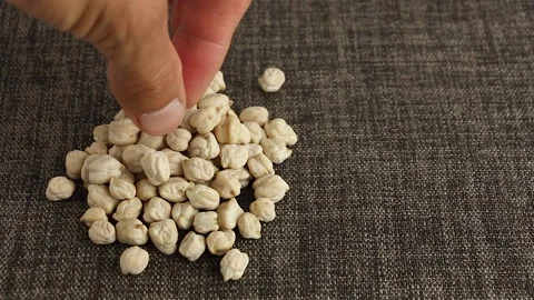 Hand puts one chickpea seed on heap of elite selected high quality chickpeas Video stock 158768903
