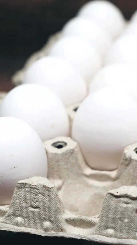 Hand Puts One From White Chicken Eggs Packed In Cardboard Box. Fresh Raw Eggs In Stock Footage 267876333