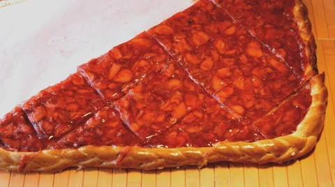 Hand puts piece of the strawberry pie on a saucer Stock-Footage 64408623