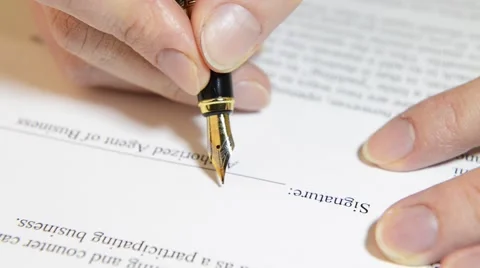 Hand puts the signaturehands, signature, hand signing a document Stock Footage