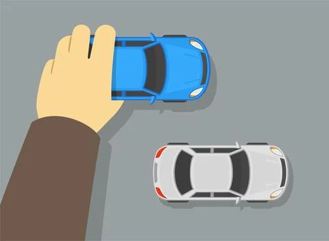 Hand putting a blue car model on toy road. Top view of a toy traffic flow. Stock Illustration