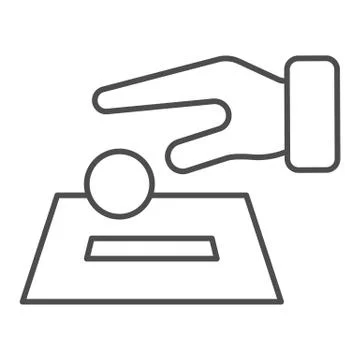 Hand putting coin in box thin line icon. Donate vector illustration isolated on Illustrazione stock