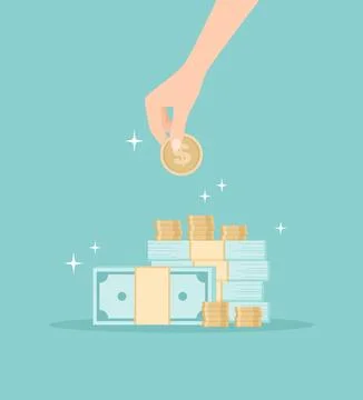 Hand putting a coin on a stack of banknotes and coins, vector illustration Stock Illustration