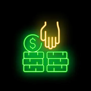 Hand putting coin in stack of money neon sign on black background Stock Illustration