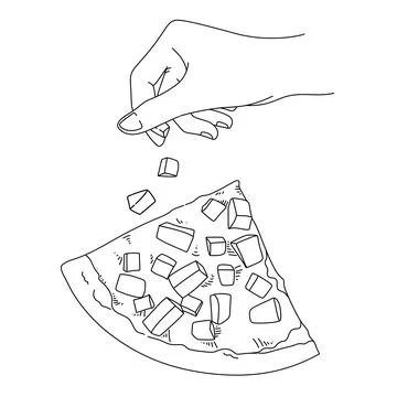 A hand is putting a cube beef of hawaian pizza. Woman on kitchen make a pizza Co Stock Illustration