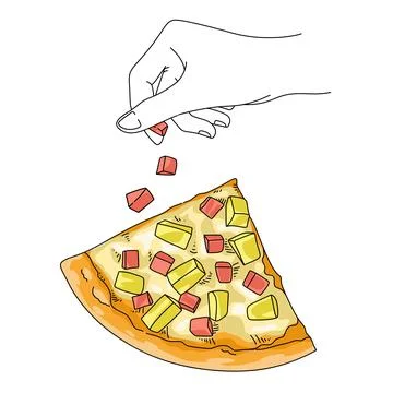 A hand is putting a cube beef of hawaian pizza. Woman on kitchen make a pizza Stock Illustration