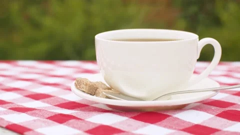 Hand putting cup of tea on the table Stock Footage 141601943