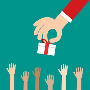 Hand putting gift box to many kids, Donation Stock Illustration