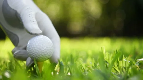 Hand putting golf ball on green grass. Stockbeeldmateriaal 135313685