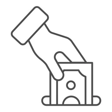 Hand putting money thin line icon. Deposit vector illustration isolated on white Stock Illustration