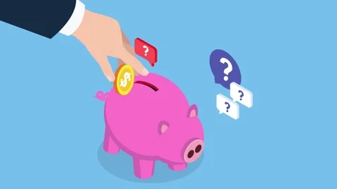 Hand putting question mark speech bubble a piggy bank 3d animation cartoon Stock Footage 280367973