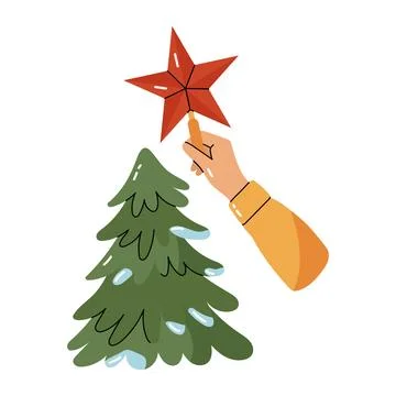 Hand putting red star topper on Christmas tree vector Stock Illustration