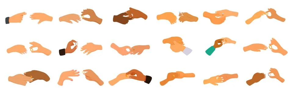 Hand putting ring icons set. Hands putting wedding rings on fingers during イラスト素材