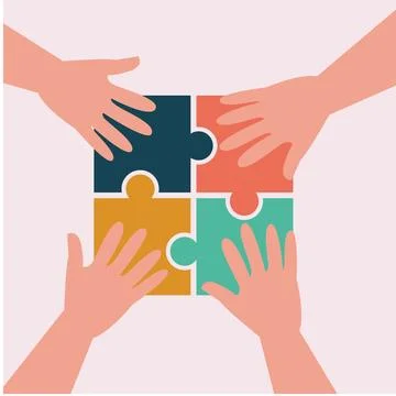 Hand with puzzles, planning and creating together, puzzle pieces coming together Ilustración de archivo
