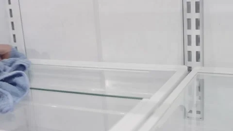 A hand with rag cleans empty shelves inside a refrigerator Stock Footage 147613379