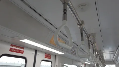 Hand Rail Inside Train Compartment Skytrain Cabin, Soekarno Hatta Airport Stock Footage 129910931