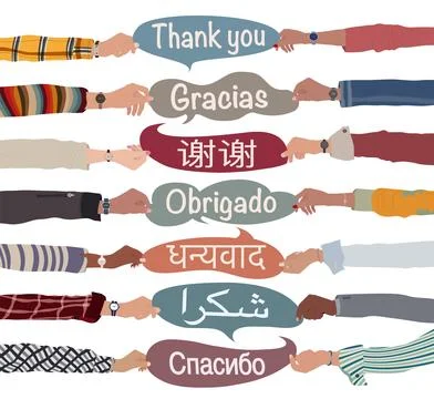 Hand raised holding speech bubbles with text -thank you- in various languages Stock Illustration